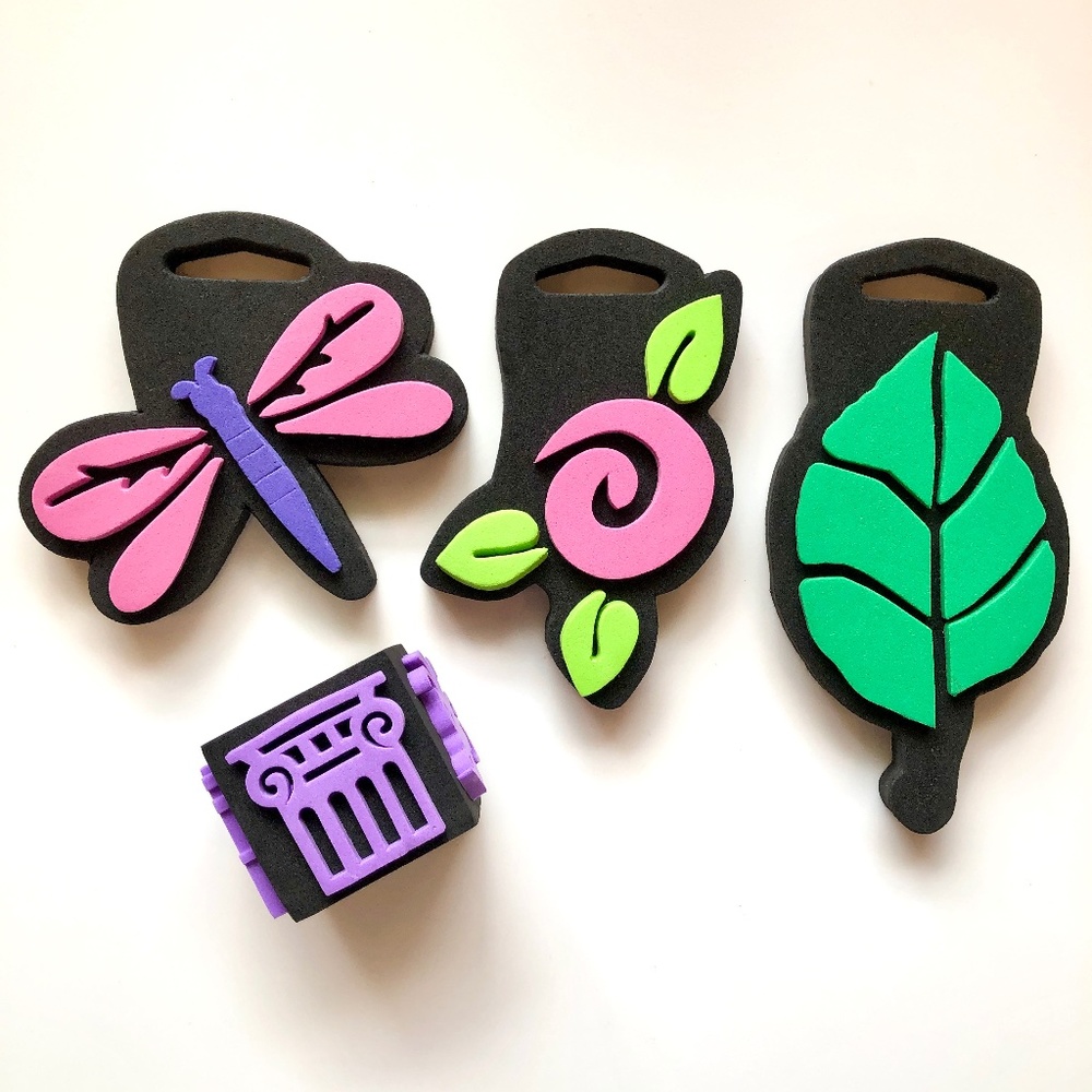 CHUNKY Foam Rubber Stamps, Great for KIDS! Floral, Dragonfly, Leaf Set of 7 NEW!